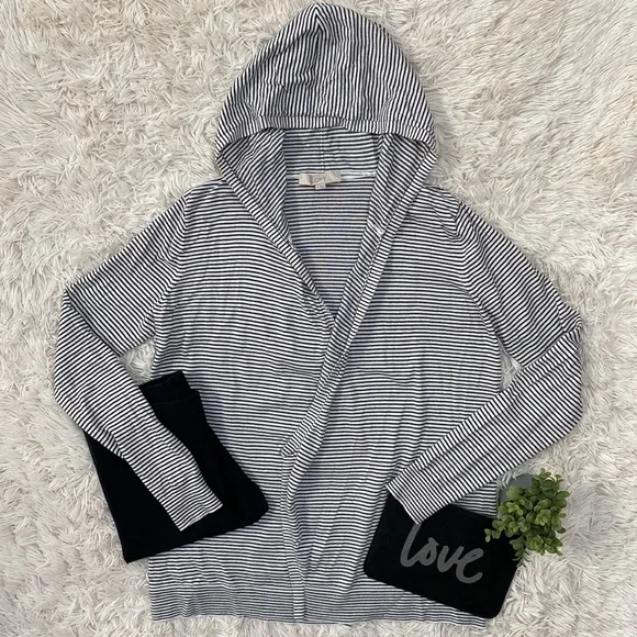 Loft Open Hooded Striped Cardigan 💗 White & Black - Picture 7 of 16